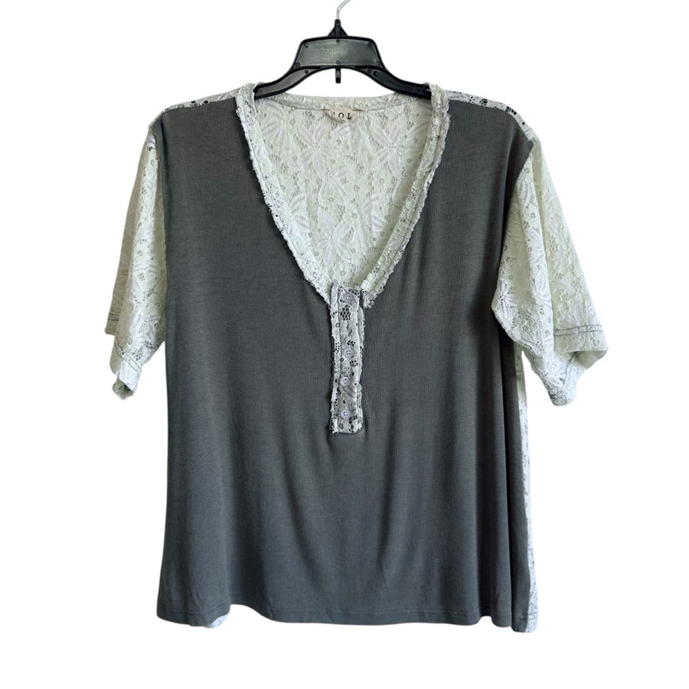 POL Boho Green Lace Trim Women's Blouse